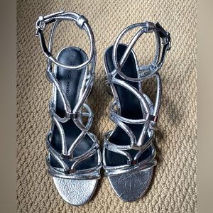 Rebecca Minkoff Silver Crinkle Apolline Sandal Heels